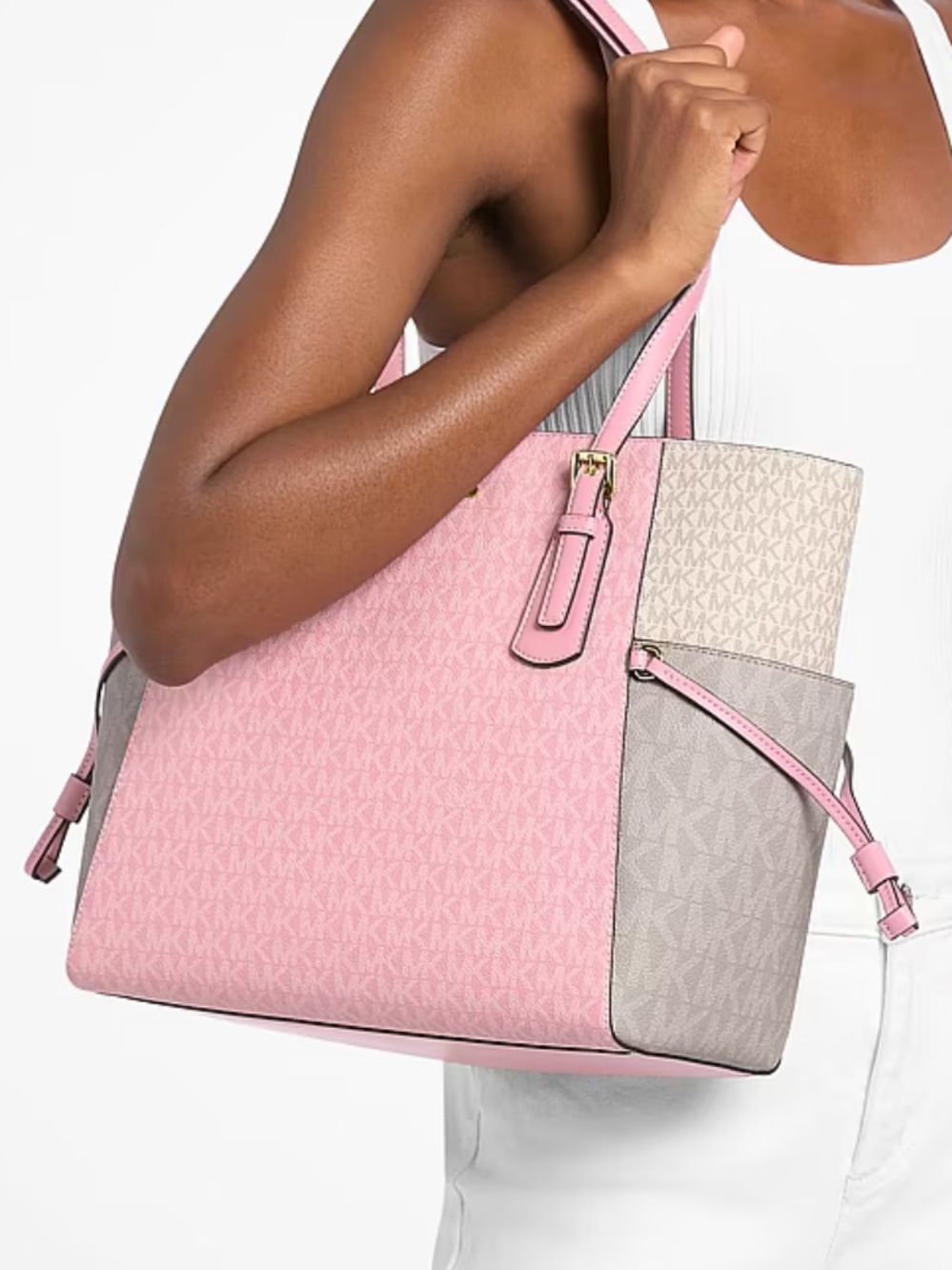Michael Kors Voyager Lg Color-Block Signature Logo EW Shoulder Tote 
Carnation